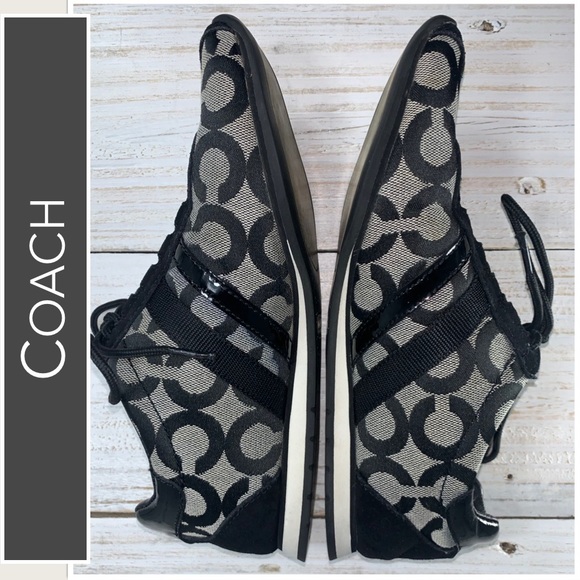 Coach “Kathleen” Sneakers Signature “C” Design, Black Suede, Patent Leather 7M - Picture 3 of 11